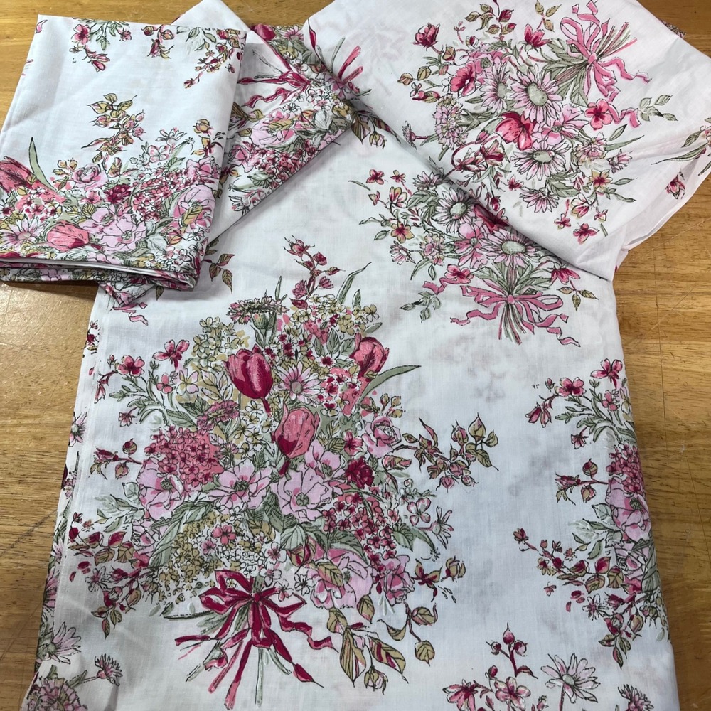 Vtg Twin Sheet Set Pink White Floral Bouquet Cottagecore 4pc Set